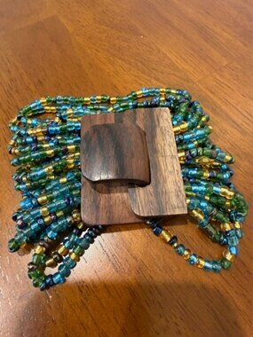 Boho Green Gold Chunky Beaded Bracelet Faux Wood